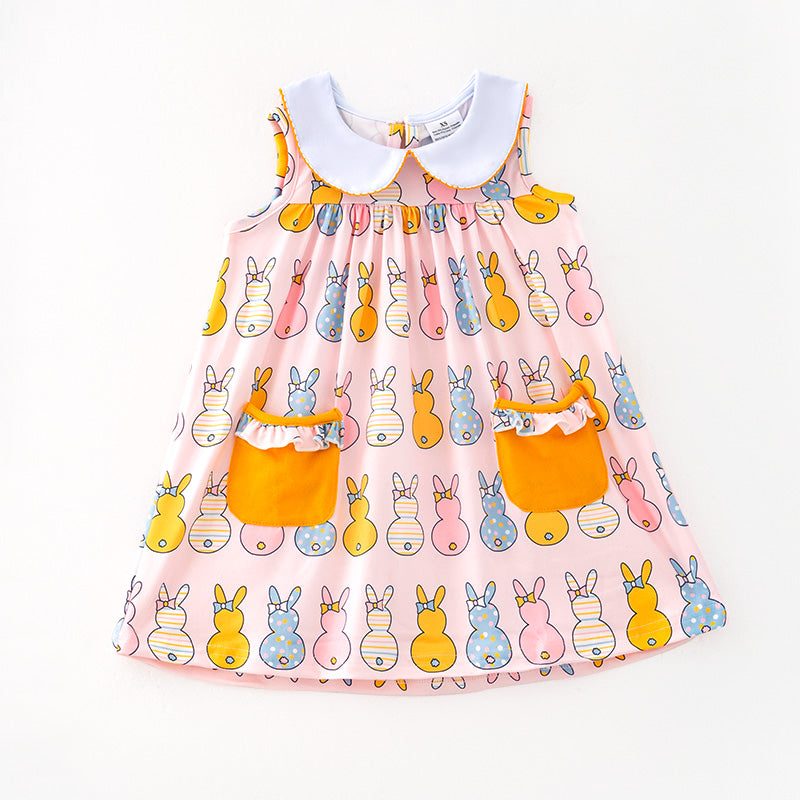 （In Stock）Girls Easter Bunny Print Sleeveless Lapel Dress