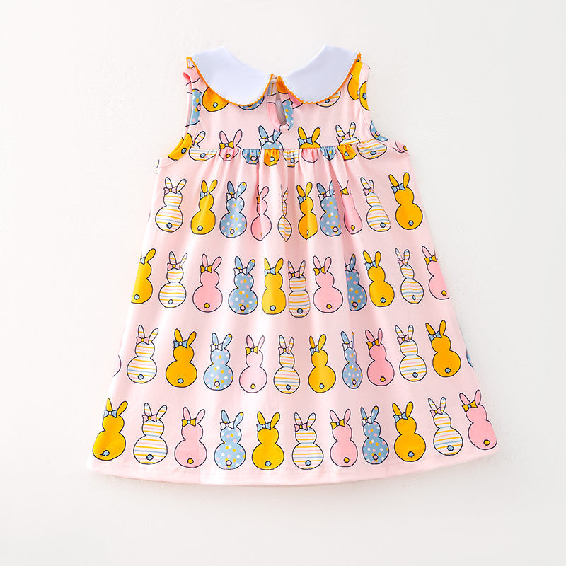 （In Stock）Girls Easter Bunny Print Sleeveless Lapel Dress