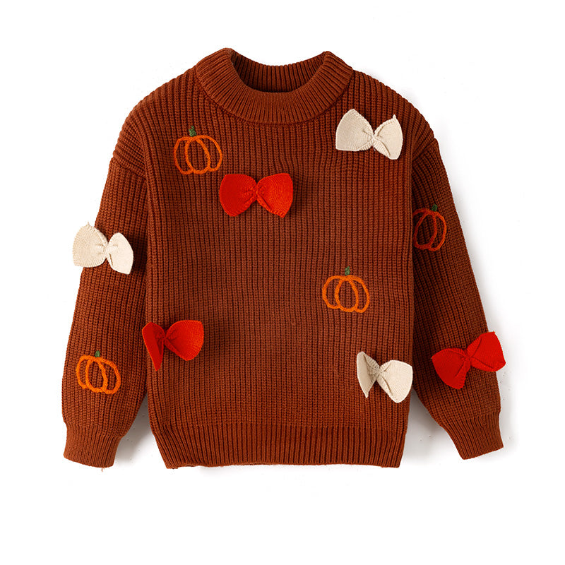 （In Stock）Girls Halloween&Thanksgiving Pumpkin Embroidery Bow Sweater