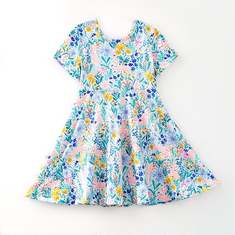 （In Stock）One Pack(7 Pieces total) Sale Girls Easter Bunny Print Dress