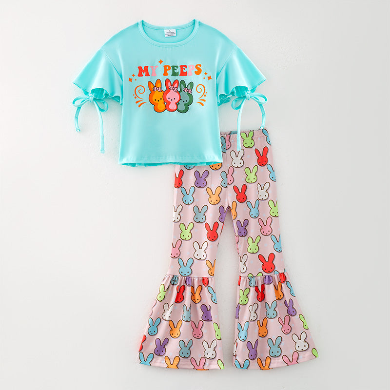 （In Stock）One Pack(2 Pieces total) Sale Girls Easter Bunny Print Outfit Set
