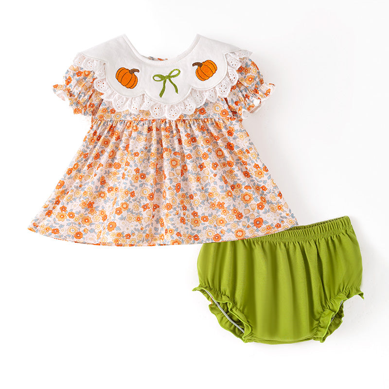 （In Stock）Toddler Girls Halloween&Thanksgiving Pumpkin Embroidery Bloomer Set