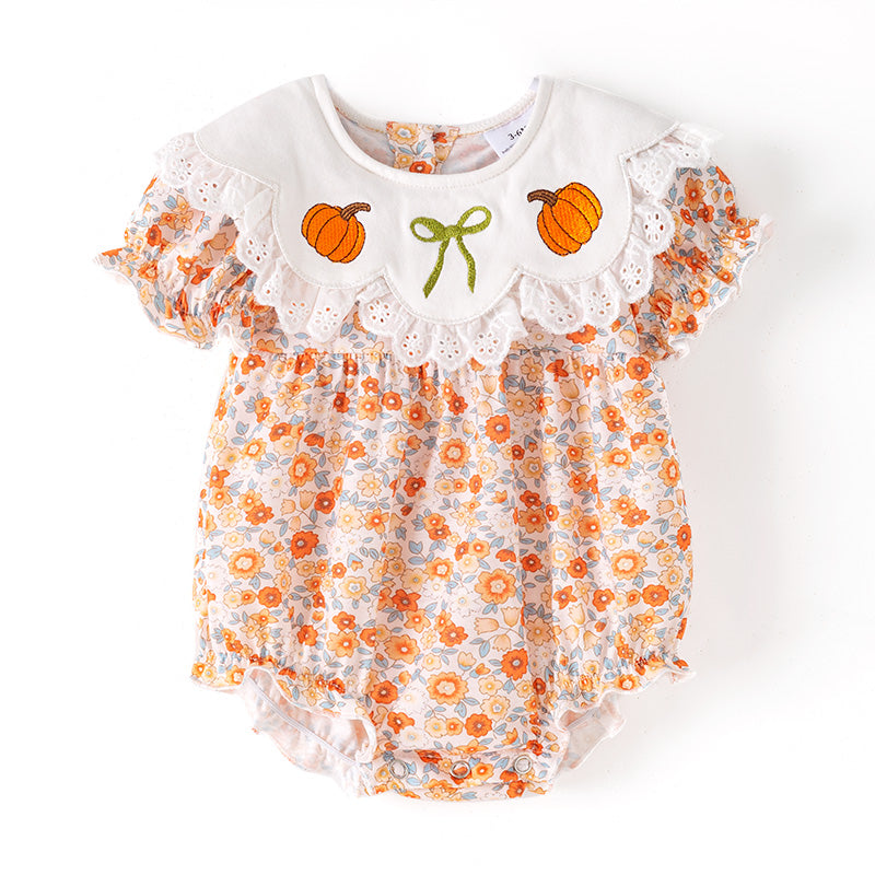 （In Stock）Toddler Girls Halloween&Thanksgiving Pumpkin Embroidery Romper