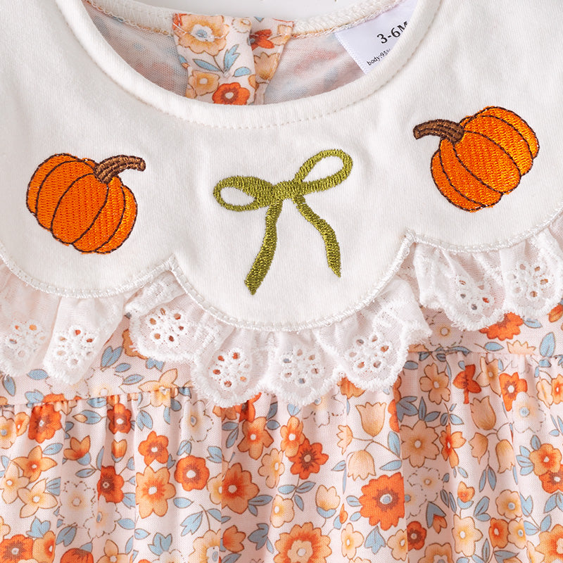 （In Stock）Toddler Girls Halloween&Thanksgiving Pumpkin Embroidery Romper