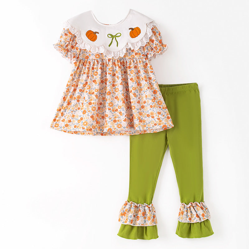 （In Stock）Girls Halloween&Thanksgiving Pumpkin Embroidery Ruffle Outfit Set