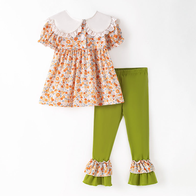 （In Stock）Girls Halloween&Thanksgiving Pumpkin Embroidery Ruffle Outfit Set