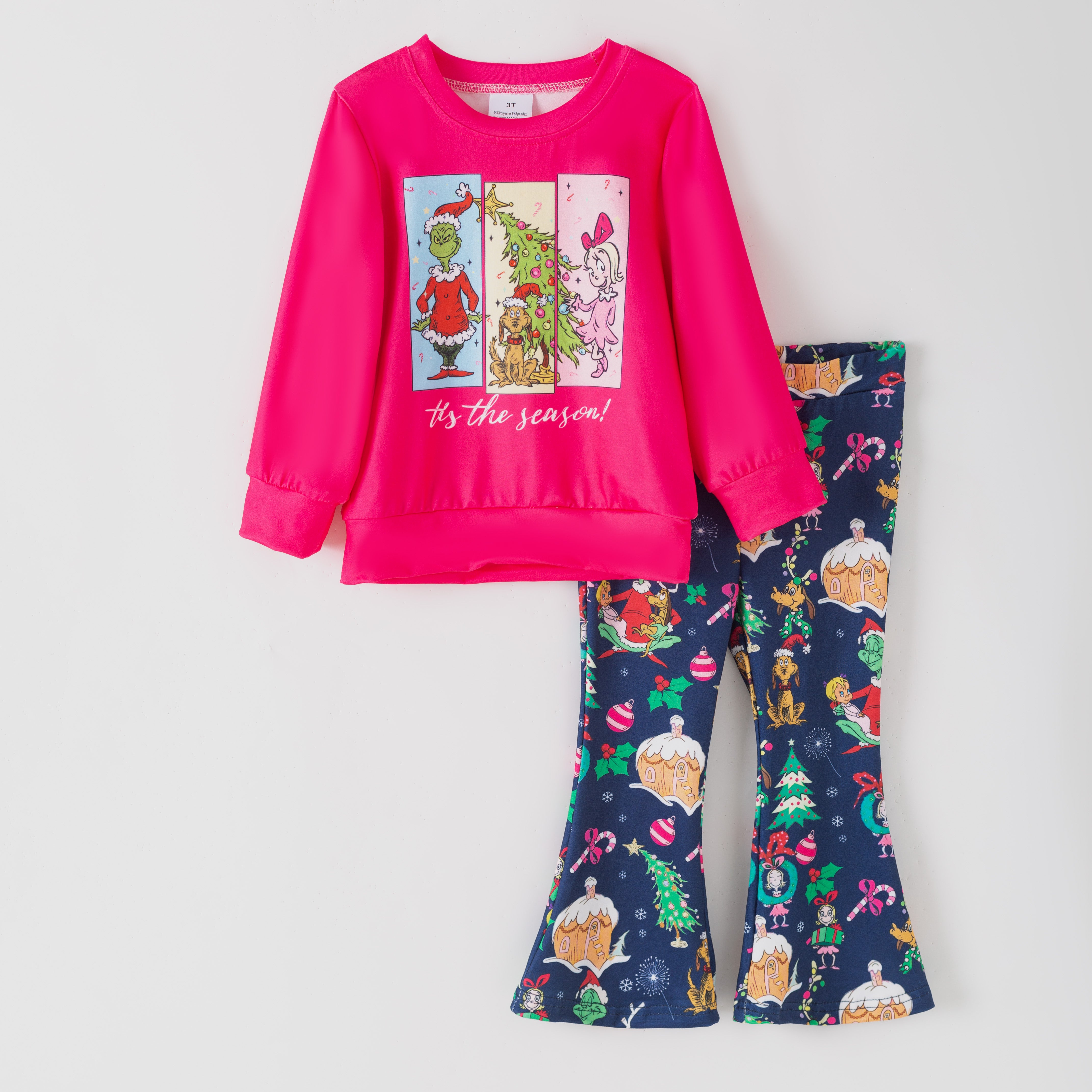 （Pre Order,Prepack Zone）Girls Christmas Cartoon Print Sweatshirt Bell Pants Set