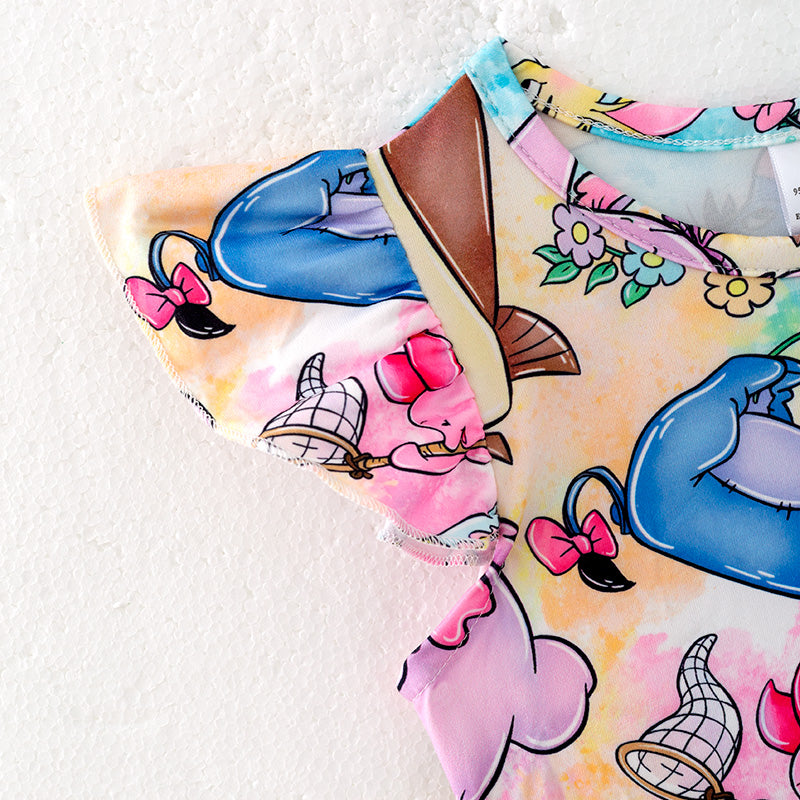 （In Stock）Girls Spring and Summer Cartoon Print Flying Sleeves Dress
