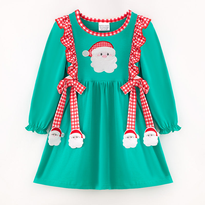 （In Stock）Girls Christmas Santa Claus Applique Cotton Dress