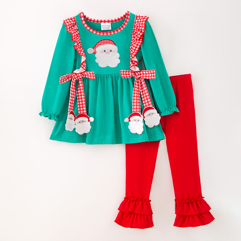 （In Stock）Girls Christmas Santa Claus Applique Cotton Ruffle Outfit Set