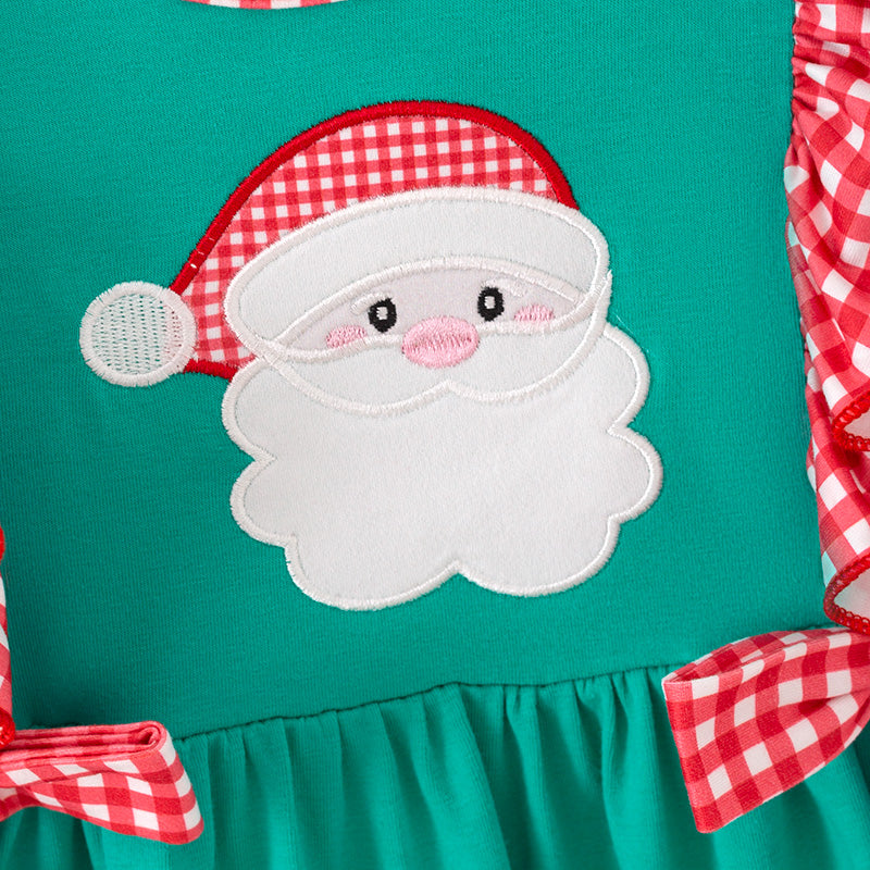 （In Stock）Girls Christmas Santa Claus Applique Cotton Ruffle Outfit Set