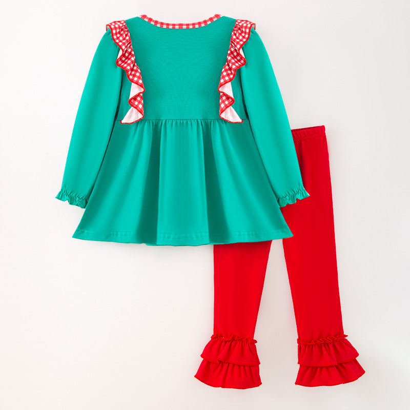 （In Stock）Girls Christmas Santa Claus Applique Cotton Ruffle Outfit Set