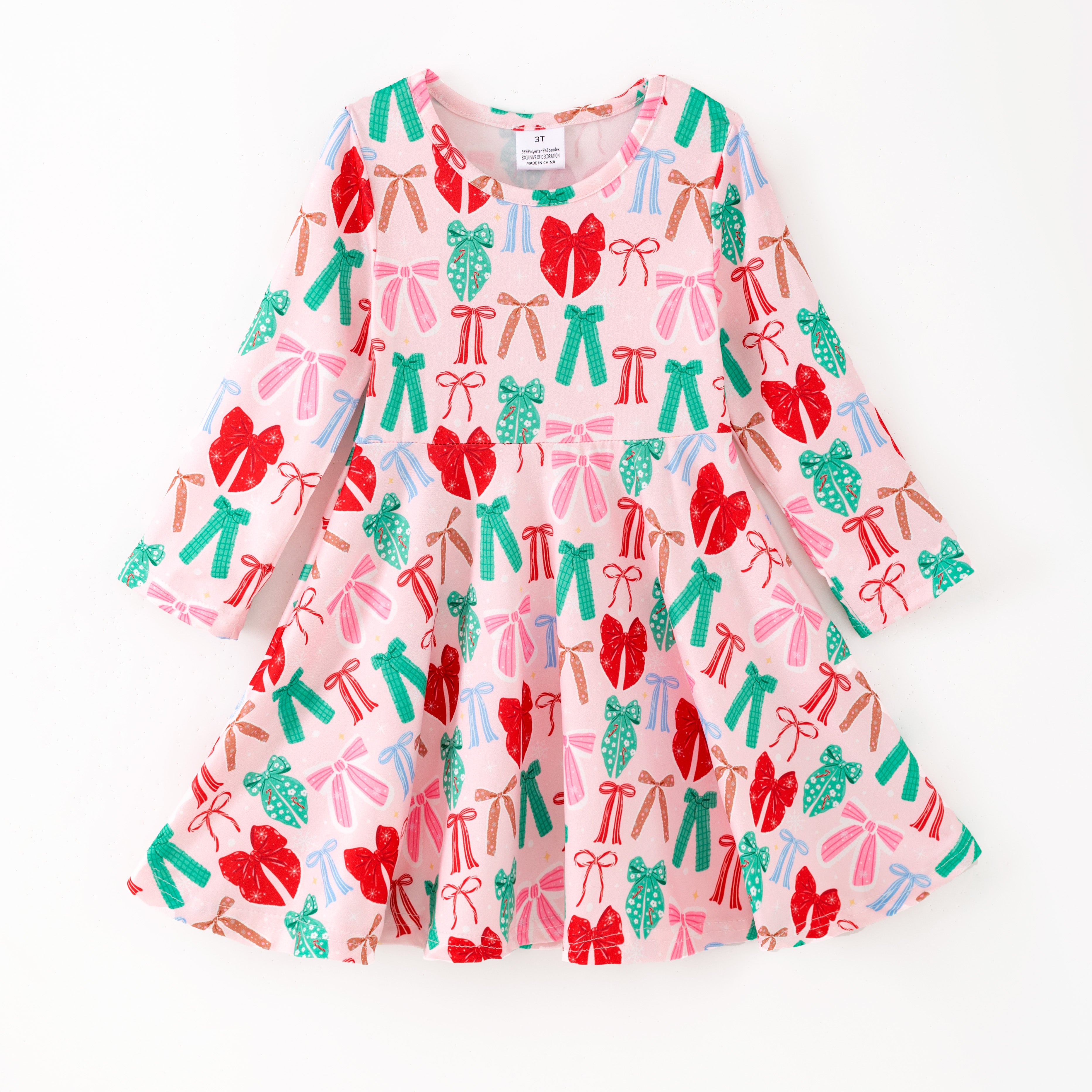 （Pre Order,Prepack Zone）Girls Christmas Bow Print Dress,Set&Top