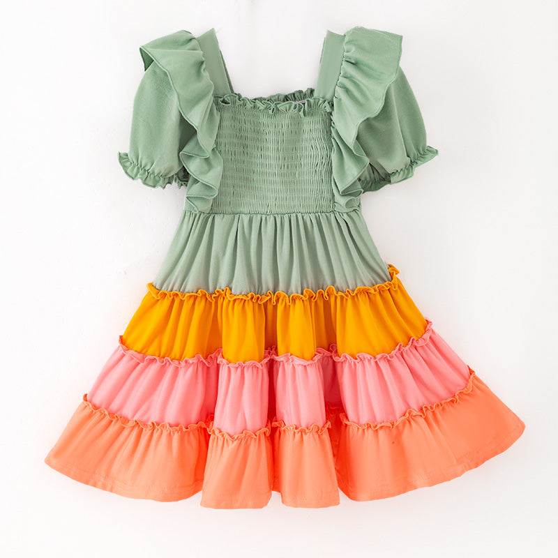 （In Stock）Mommy and Me Fall&Winter Color Matching Smocked Dress