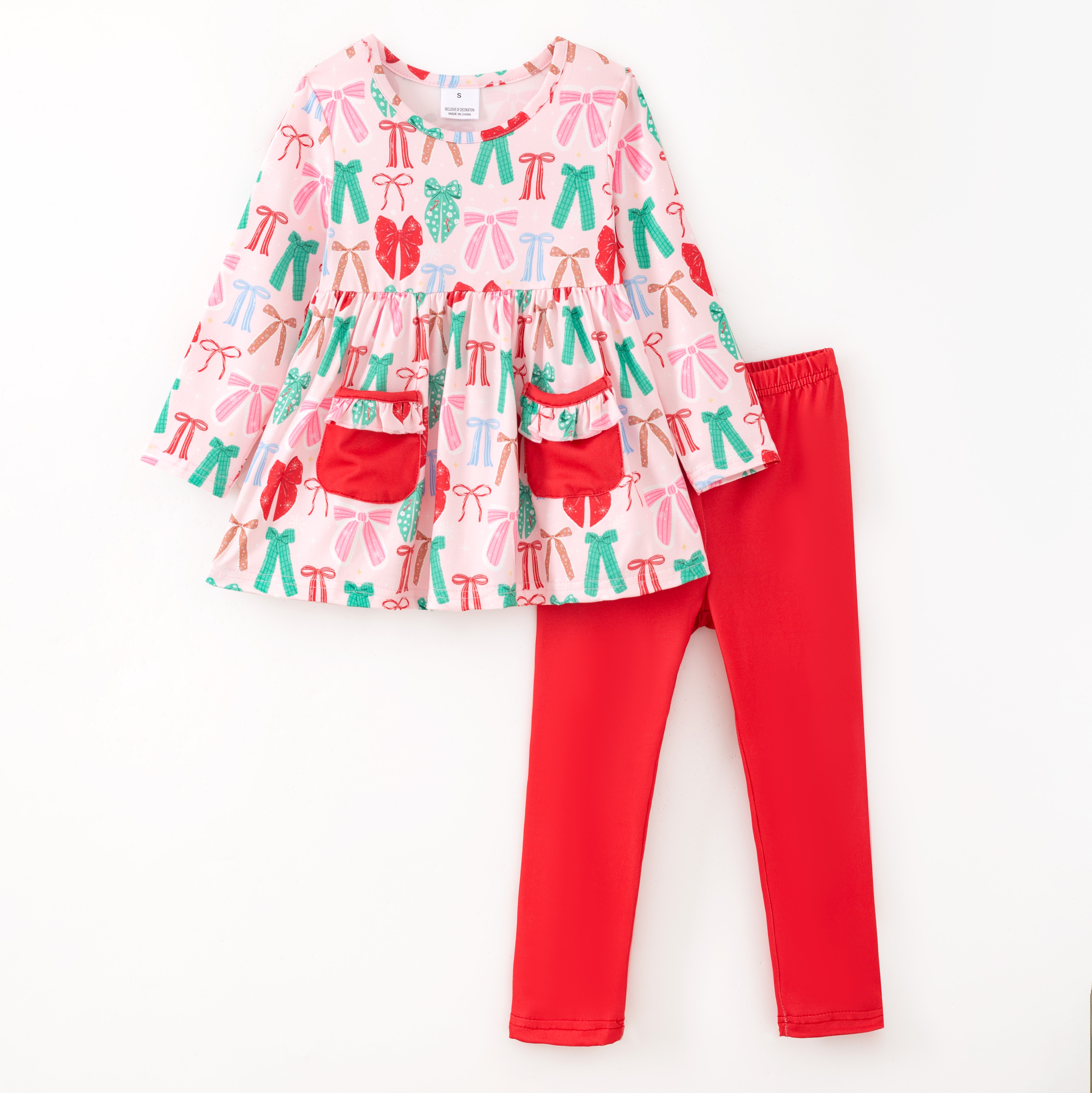 （Pre Order,Prepack Zone）Girls Christmas Bow Print Dress,Set&Top