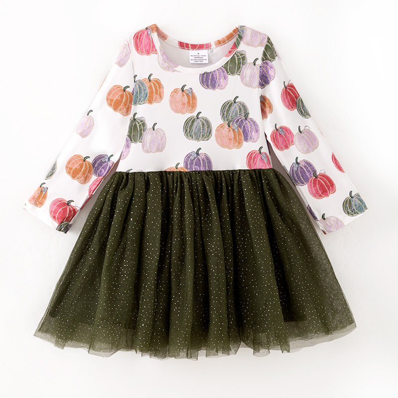 （In Stock）Girls Fall&Winter Pumpkin Print Tulle Dress