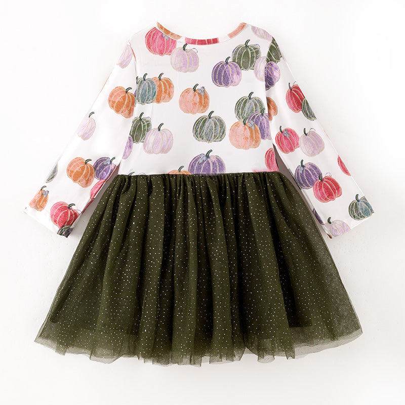 （In Stock）Girls Fall&Winter Pumpkin Print Tulle Dress