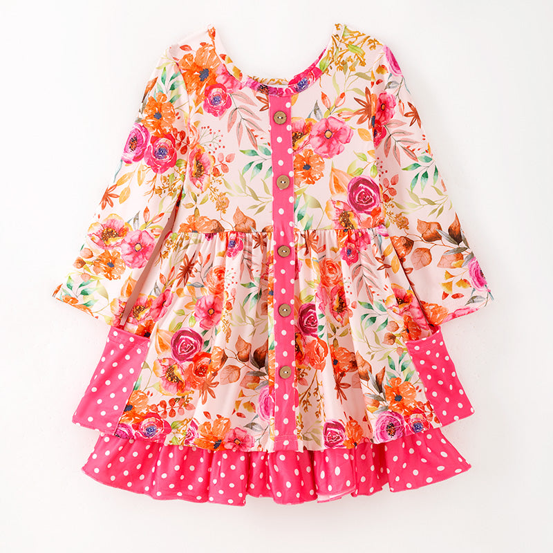 （In Stock）Girls Fall&Winter Floral Print Dress