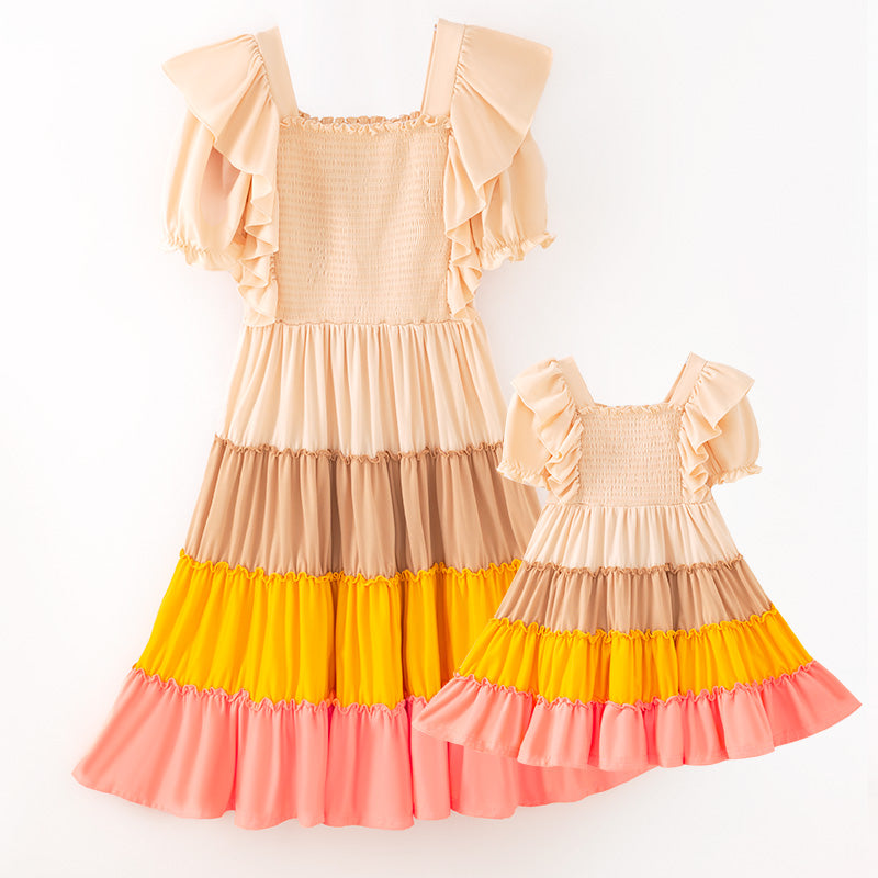 （In Stock）Mommy and Me Fall&Winter Color Matching Smocked Dress