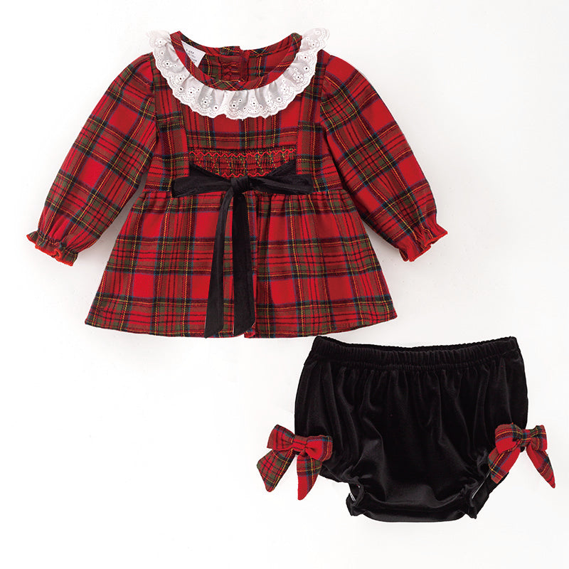 （In Stock）Toddler Girls Christmas Red Plaid Cotton Smocked Bloomer Set