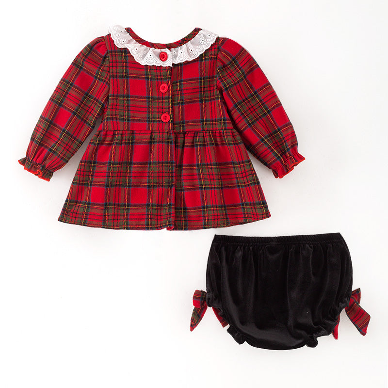 （In Stock）Toddler Girls Christmas Red Plaid Cotton Smocked Bloomer Set