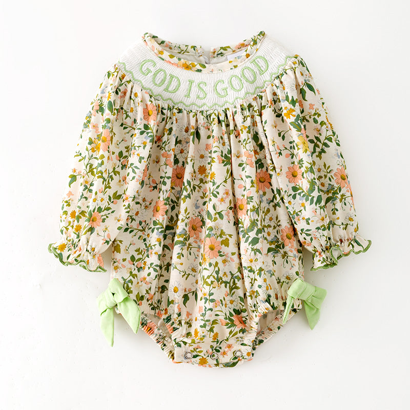 （Restock）Toddler Girls Fall&Winter GOD IS GOOD Embroidery Smocked Romper