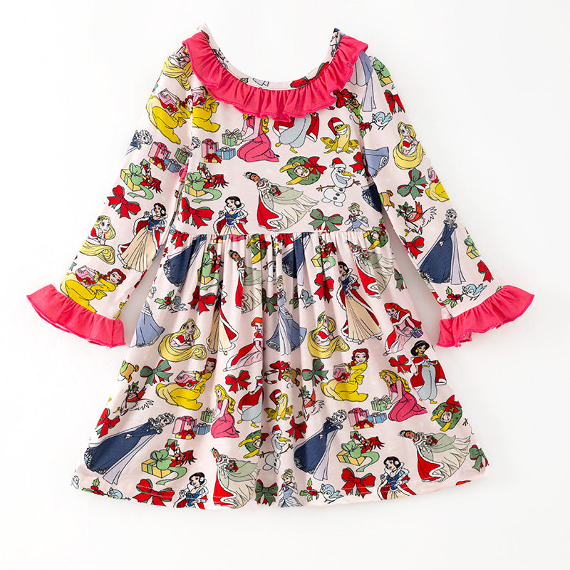 （In Stock）Girls Fall&Winter Princess Print Bamboo Fabric Ruffle Dress