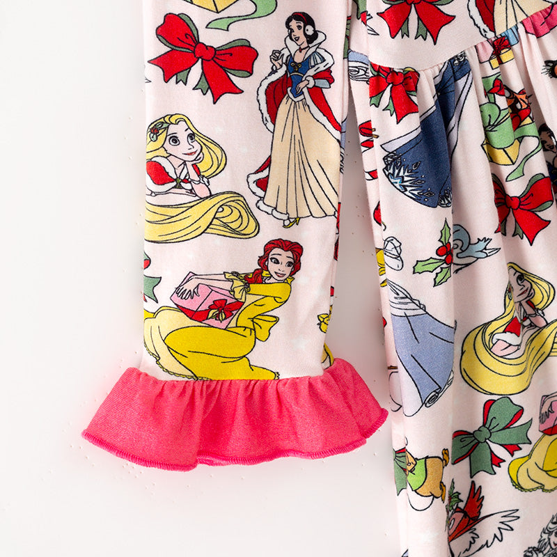 （In Stock）Girls Fall&Winter Princess Print Bamboo Fabric Ruffle Dress