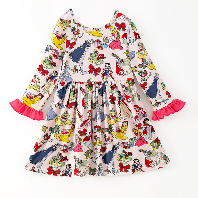 （In Stock）Girls Fall&Winter Princess Print Bamboo Fabric Ruffle Dress