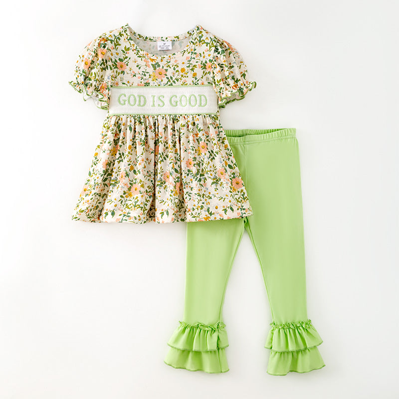 （In Stock）Girls Fall&Winter GOD IS GOOD Embroidery Smocked Outfit Set