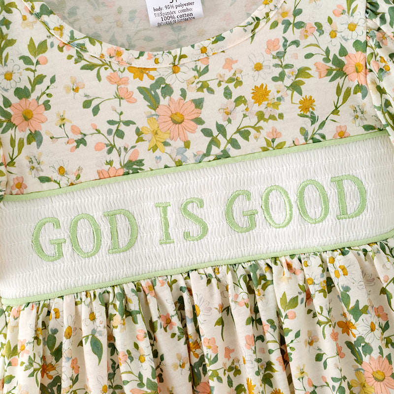 （In Stock）Girls Fall&Winter GOD IS GOOD Embroidery Smocked Outfit Set