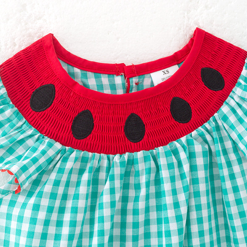 （In Stock）Girls Spring and Summer Watermelon Embroidery Smocked Dress