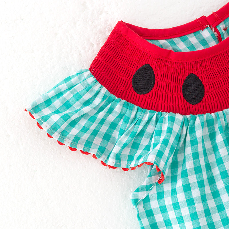 （In Stock）Girls Spring and Summer Watermelon Embroidery Smocked Dress