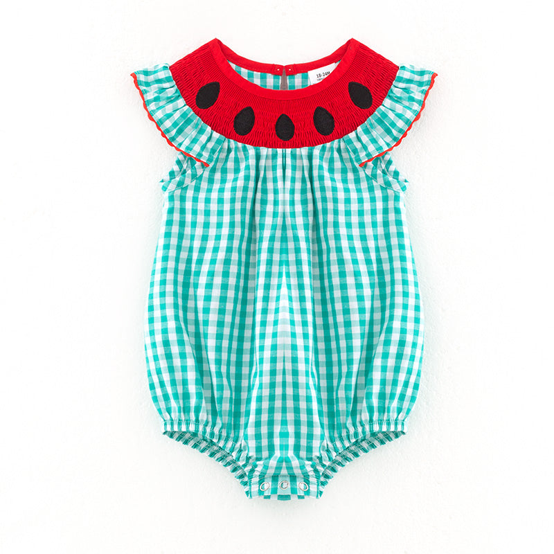 （In Stock）Toddler Girls Spring and Summer Watermelon Embroidery Smocked Romper