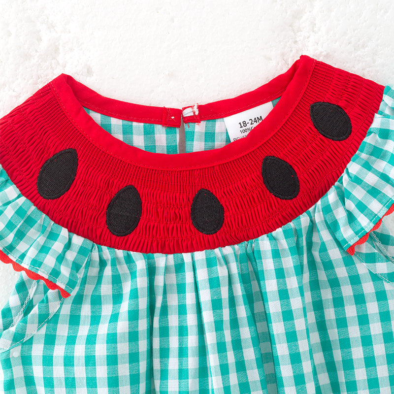 （In Stock）Toddler Girls Spring and Summer Watermelon Embroidery Smocked Romper