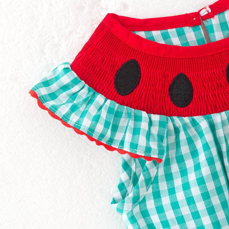 （In Stock）Toddler Girls Spring and Summer Watermelon Embroidery Smocked Romper