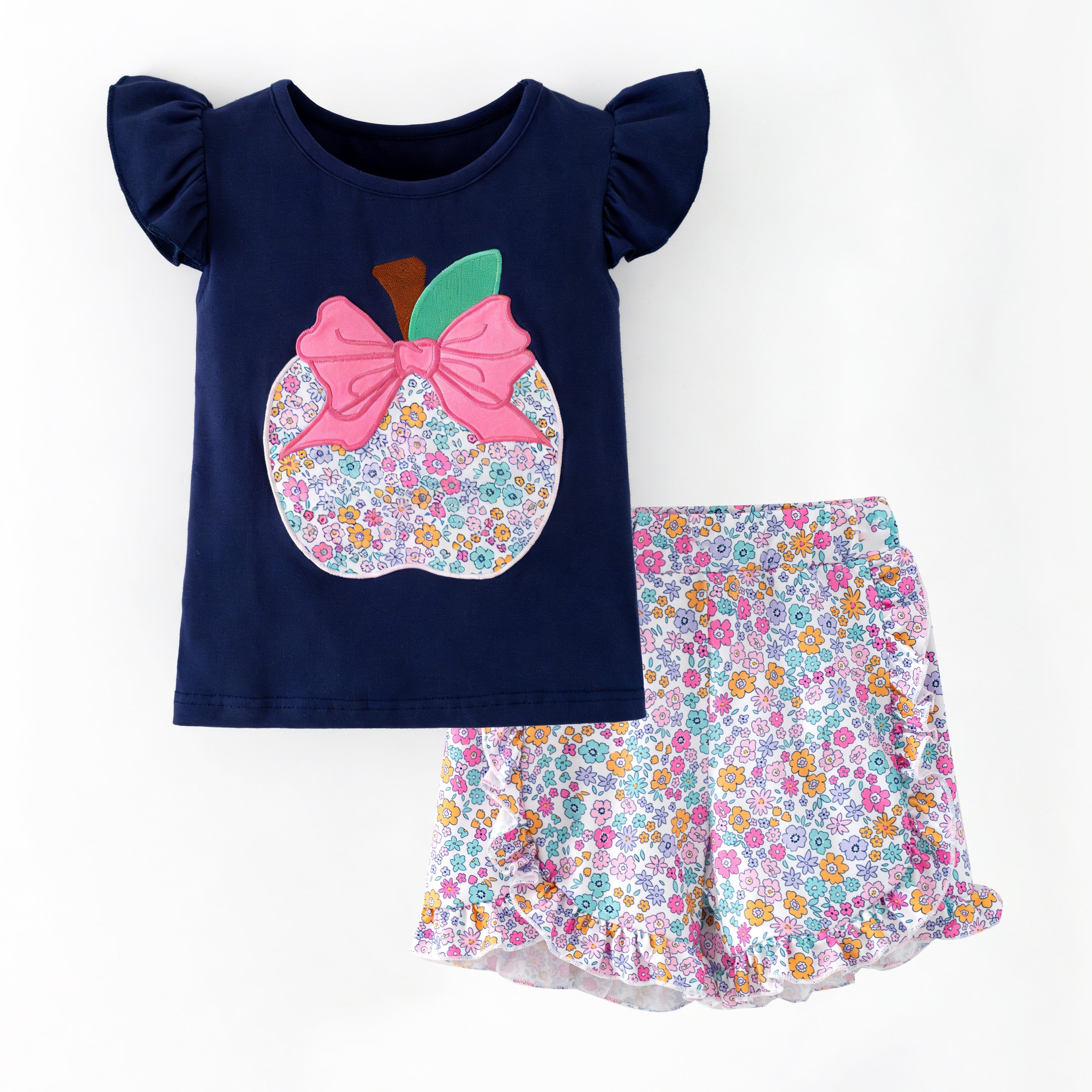 （In Stock）Girls Back To School Apple Applique Shorts Set