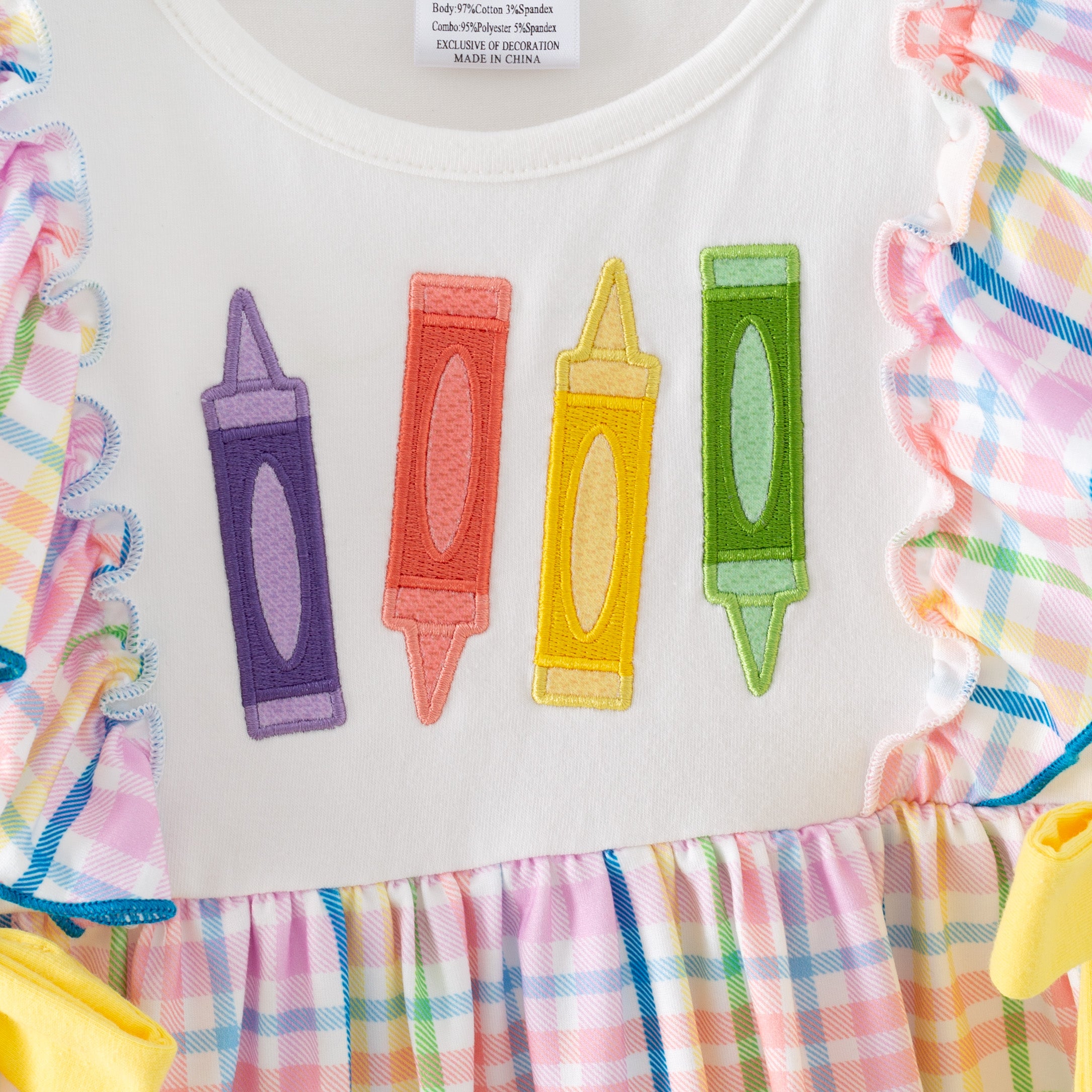 （In Stock）Girls Back To School Crayon Applique Ruffle Dress