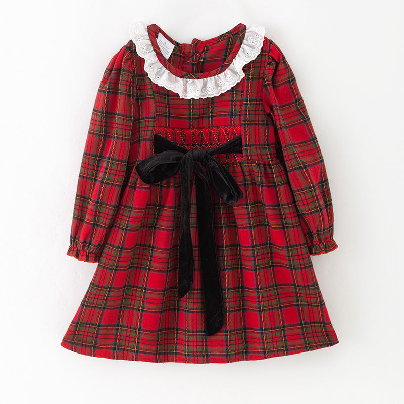 （In Stock）Girls Christmas Red Plaid Cotton Smocked Dress