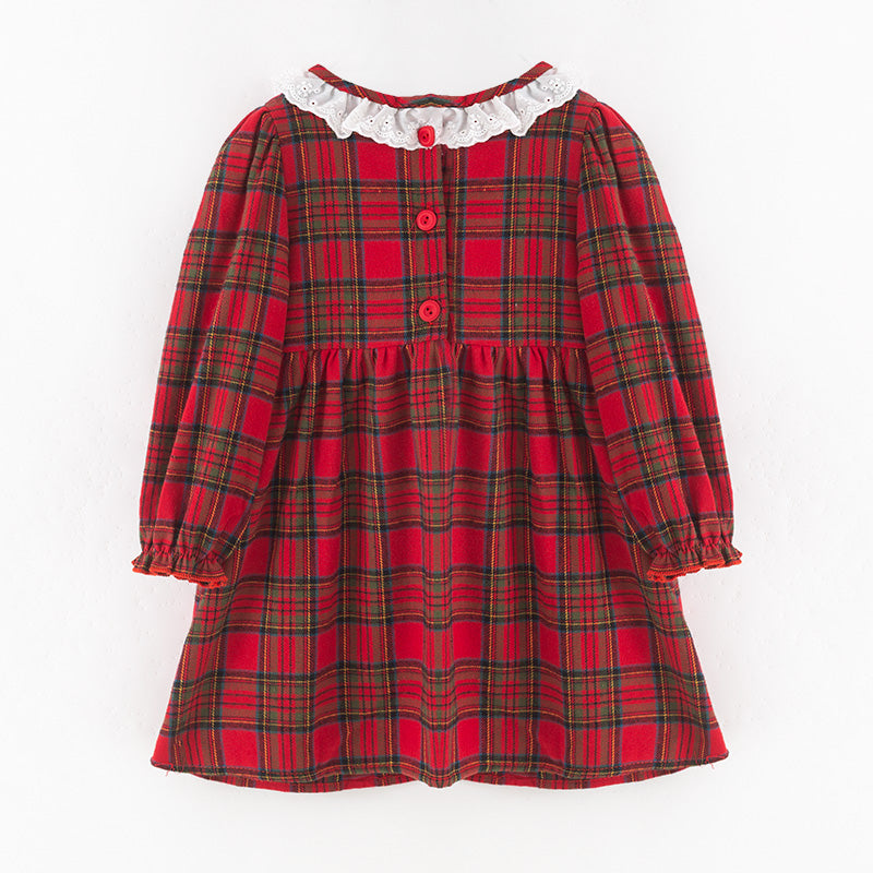 （In Stock）Girls Christmas Red Plaid Cotton Smocked Dress