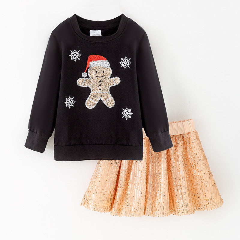 （In Stock）Girls Christmas Gingerbread Sequin Skirt Set
