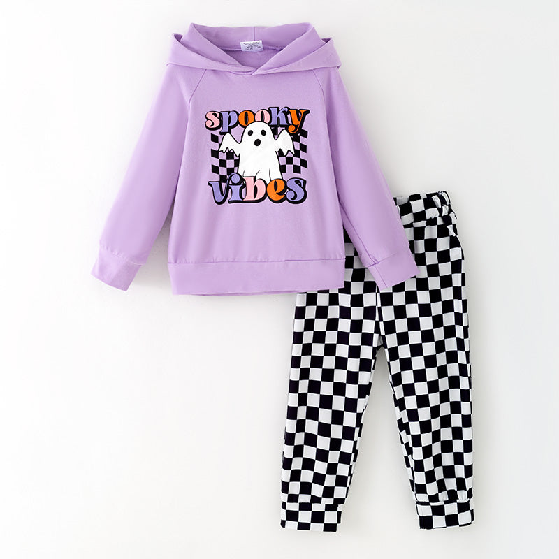 （In Stock）Girls Halloween Spooky Vibes Print Hoodie Checkered Trousers Set
