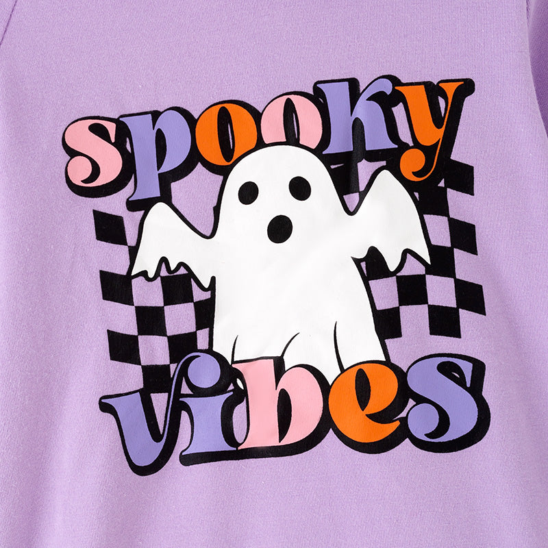 （In Stock）Girls Halloween Spooky Vibes Print Hoodie Checkered Trousers Set