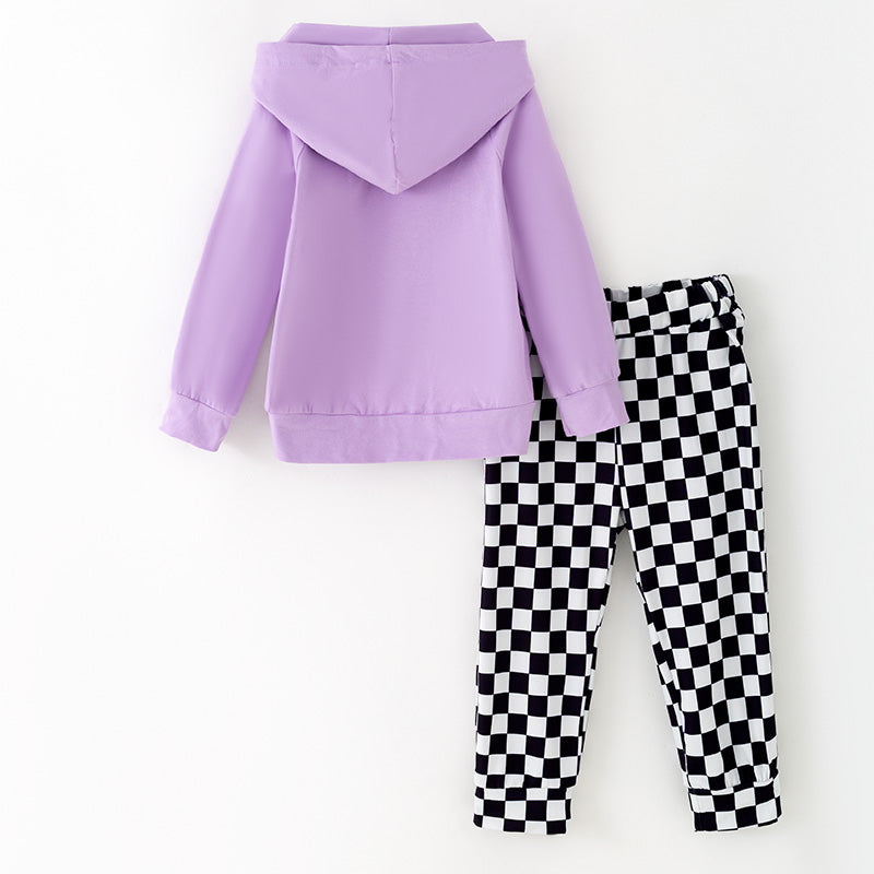 （In Stock）Girls Halloween Spooky Vibes Print Hoodie Checkered Trousers Set
