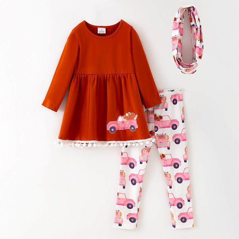 （In Stock）Girls Thanksgiving Pumpkin Print Outfit Set with Scarf
