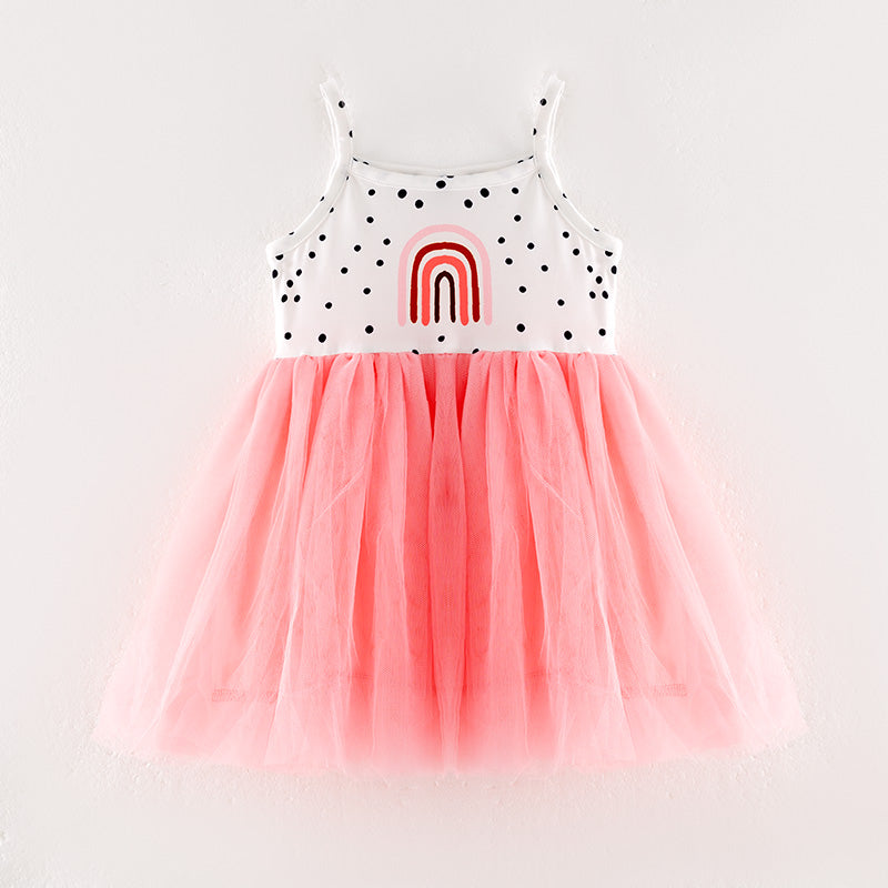 （In Stock）Girls Spring and Summer Rainbow Print Tulle Dress