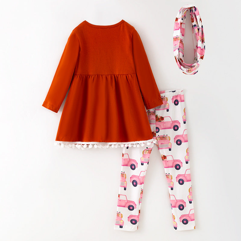 （In Stock）Girls Thanksgiving Pumpkin Print Outfit Set with Scarf
