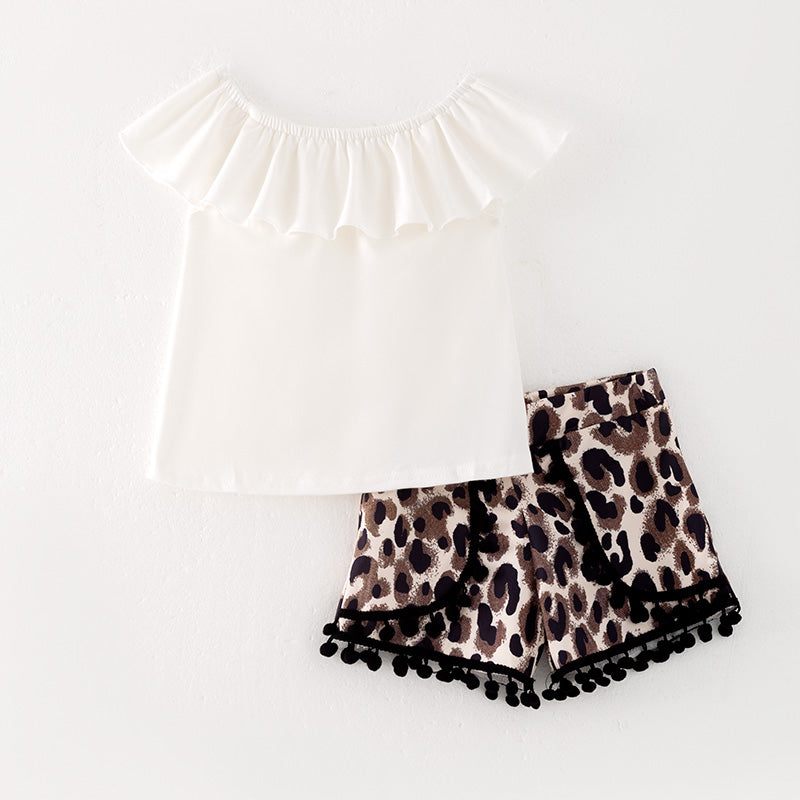（In Stock）Girls Spring and Summer Flounce Cotton Top Leopard Print Shorts Set
