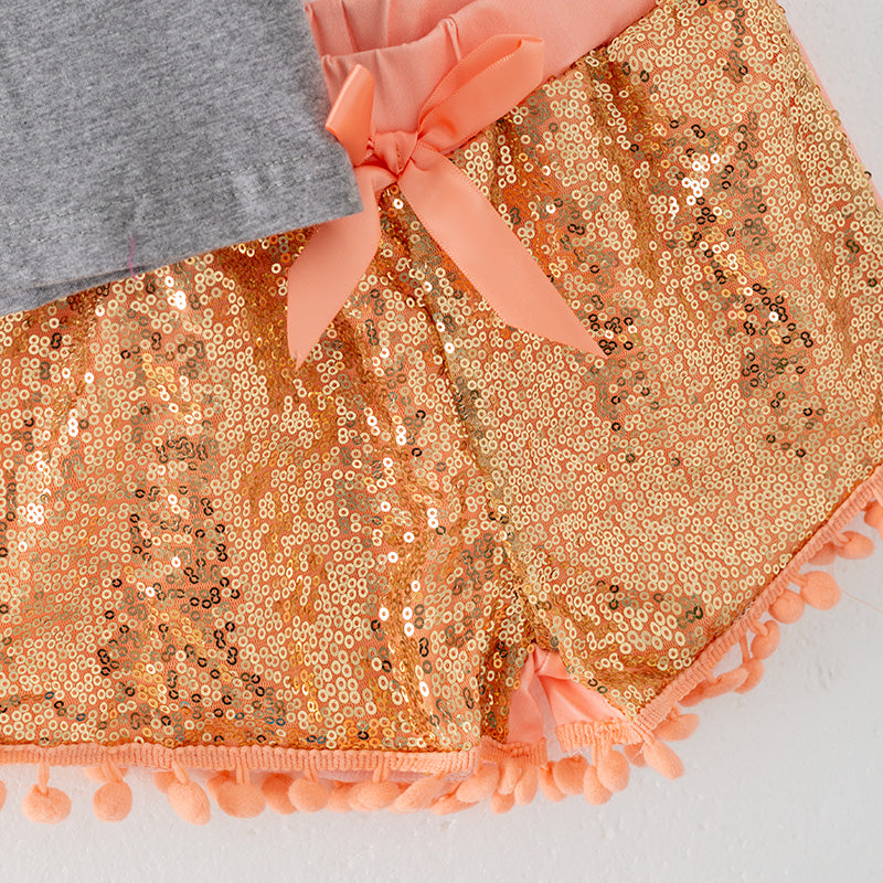 （In Stock）One Pack(1 Pieces total) Sale Girls Spring and Summer Peach Print Sequin Shorts Set