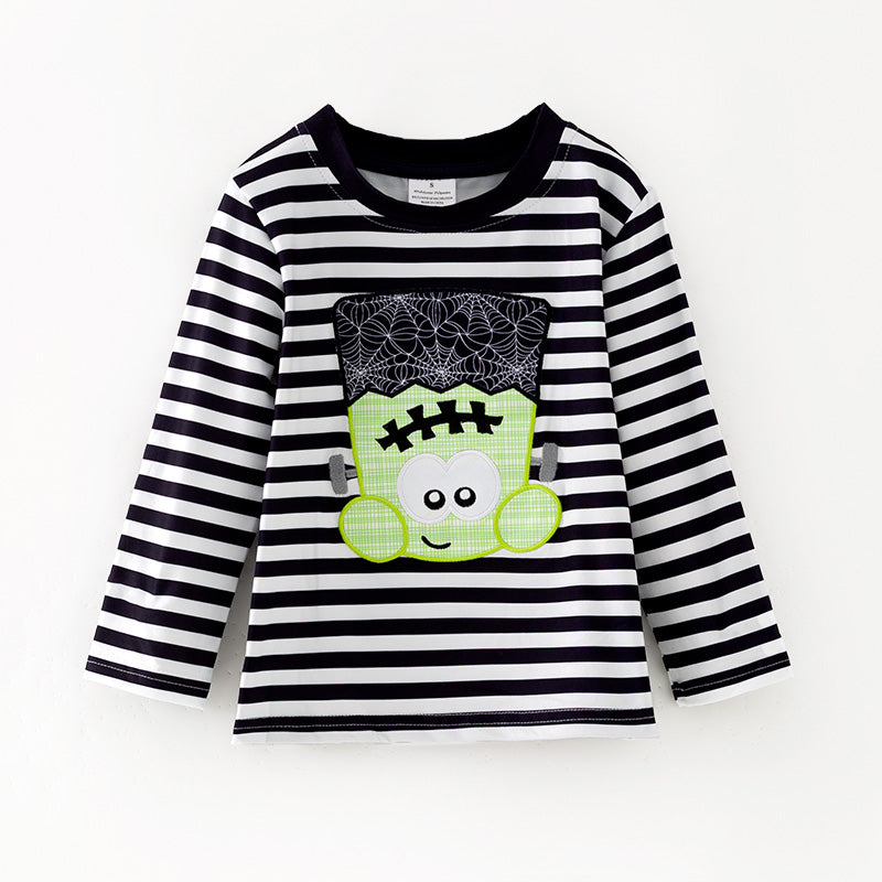 （In Stock）Boys Halloween Cartoon Applique Stripe Top